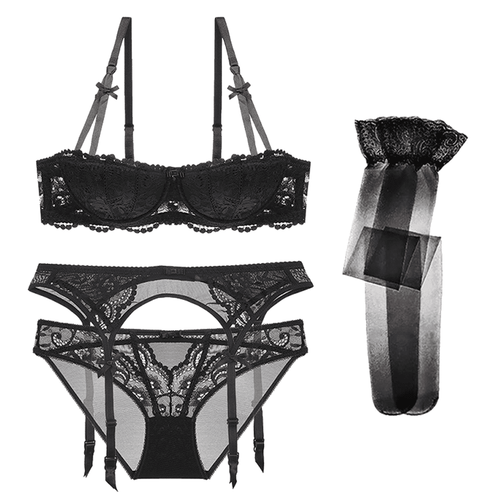  Women Sexy Lace Lingerie Set,Foral Teddy Bodysuit Bustier  Corset with Garters 2 Piece Set Black 32B: Clothing, Shoes & Jewelry