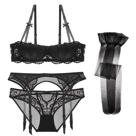Varsbaby Women Push Up Bras Set Lace Lingerie Bra and Panties and Garter and Stocking 4 piece