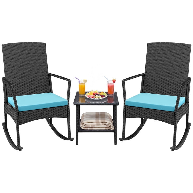 Devoko 3 Pieces Patio Rattan Rocking Chair Set with Cushion and Table Outdoor Porch and Garden Furniture Set, Blue