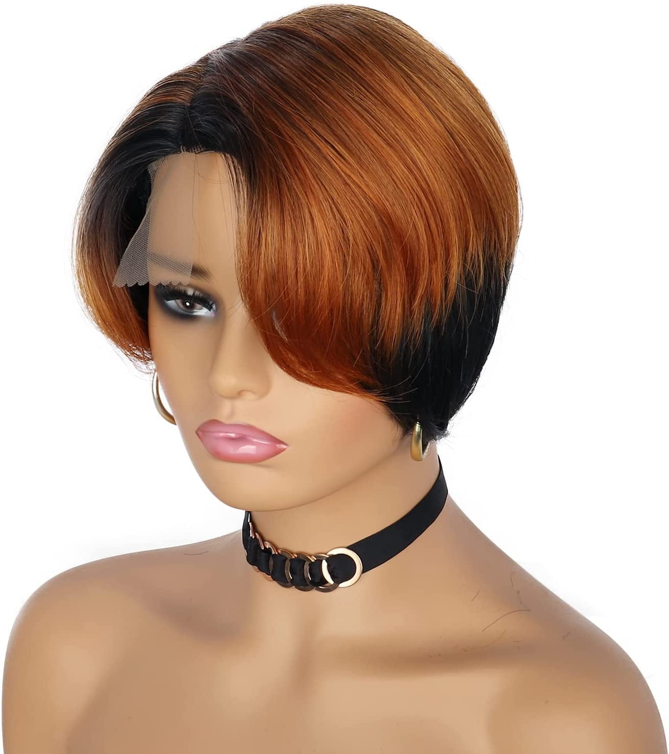 Short Bob Wigs Pixie Cut Wigs Human Hair Wigs for Women 13*1 T Part Lace Wigs Ladies Wigs Side Part 6 Inch Black mixed Ginger Blond