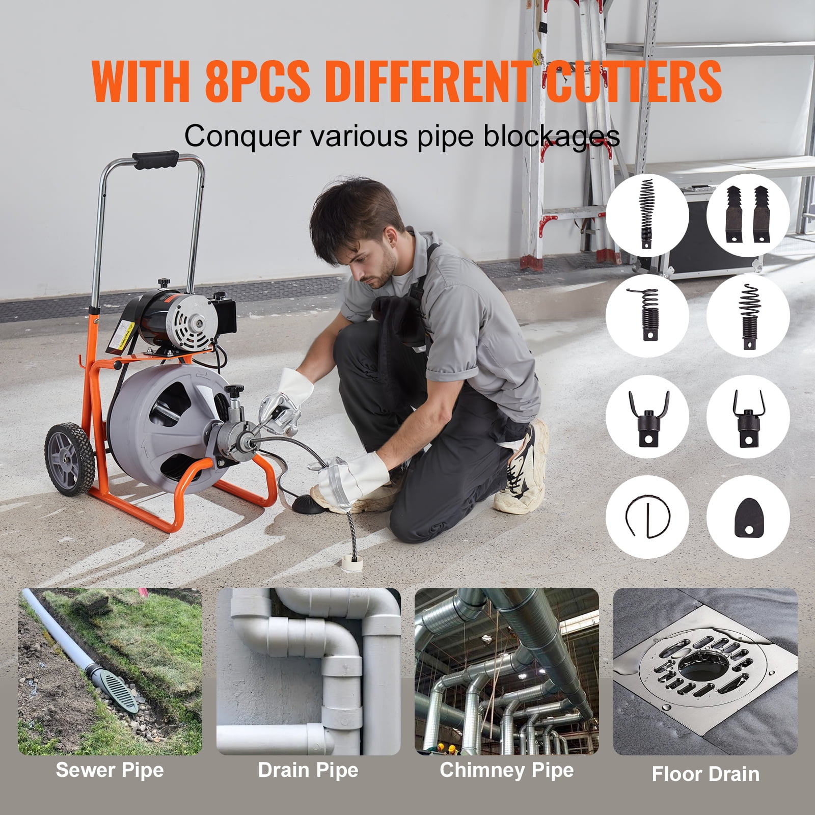 KFFKFF 75FT x 3/8 Inch Drain Cleaner Machine with Auto-Feed, Portable Sewer Snake on Wheels, Drain Cleaning Tool with 8 Cutters & Foot-Activated Switch for 2" to 4" Pipes