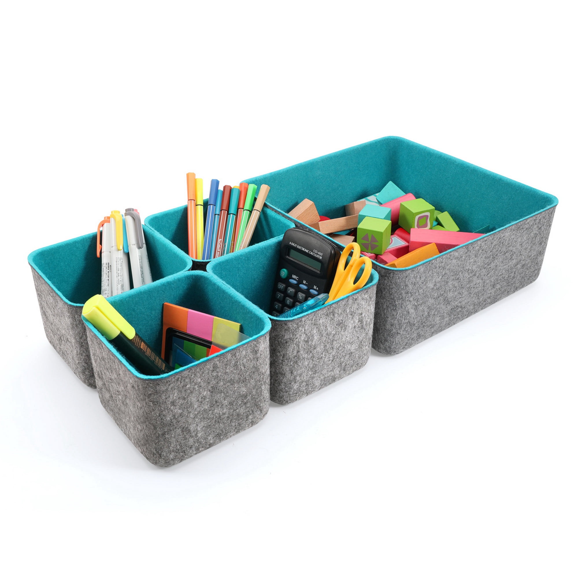 Welaxy 2-Pack Desk Drawer Organizer Trays - 2 Compartment Felt Bins For Office, Bathroom, Closet (Turquoise)
