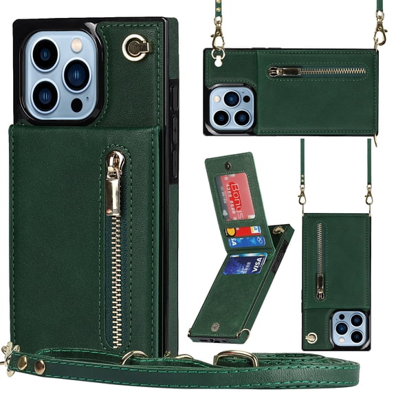 Crossbody Wallet Case for iPhone 12 Pro Max with Card Holders RFID Shockproof Cover, Back Magnetic Flip Kickstand Zipper Slot Case, PU Leather Cover Handbag Shoulder Strap Phone Case,Green