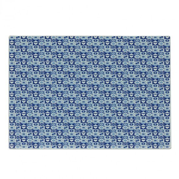 Navy Blue Cutting Board, Abstract Grid Style Squares with Various Scandinavian Motifs Heart, Decorative Tempered Glass Cutting and Serving Board, Small Size, Pale Blue Dark Blue, by Ambesonne