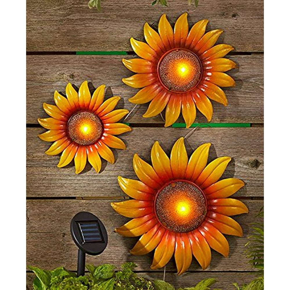 Set of 3 Hanging Metal Plaque Wall Sunflowers (Solar Lighted Set of