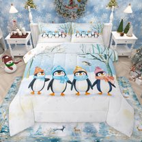 Manfei Antarctic Penguin Child Queen Comforter Set, Cute Cartoon Animal Bedding Sets, Winter Christmas Theme Reversible Bedding Comforter Set, Luxury Bedroom Decor, 3-Piece