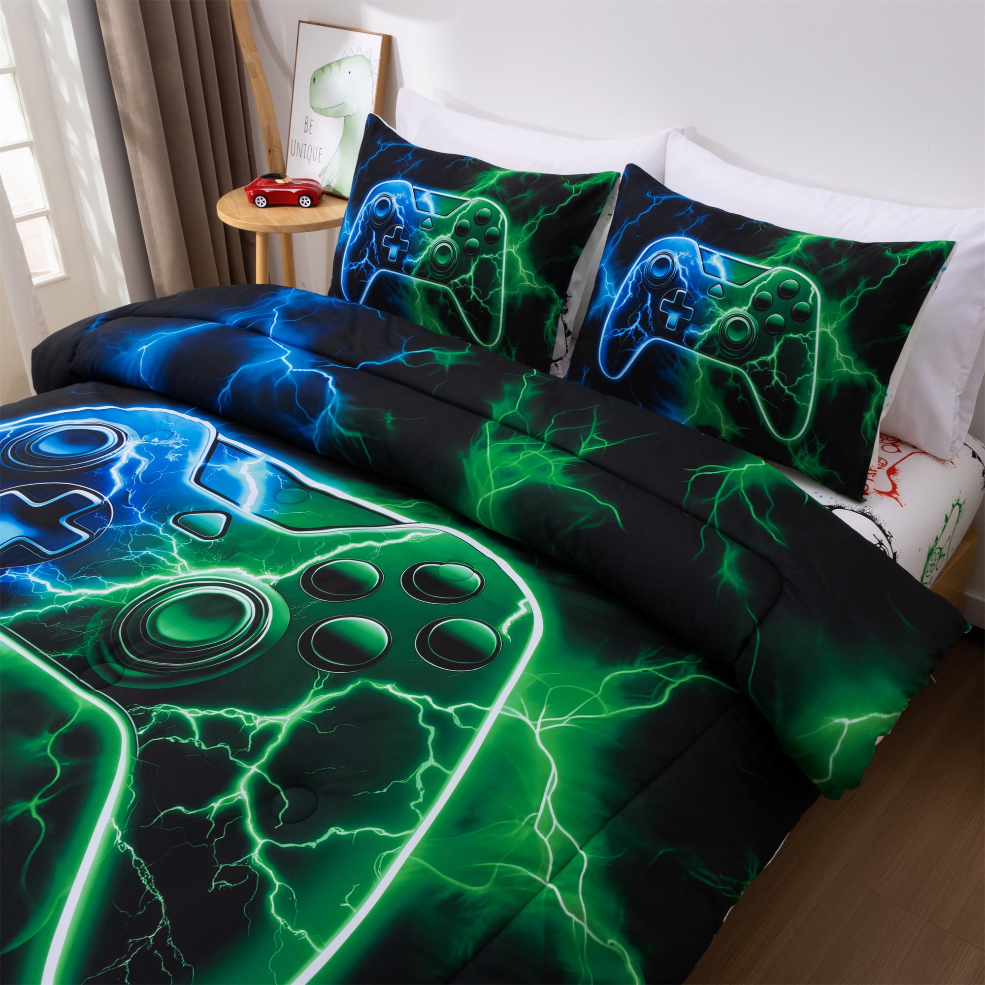 Btargot 3PCS Lighting Game Blue Green Comforter Set Twin Glowing Gamepad Kids Bedding Sets for Boys