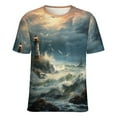 thumbnail image 5 of Lighthouse Sunrise Coast Scenery Pale Blue Tan Women's Short Sleeve T-Shirt Crew Neck Casual Summer Trendy Loose Fit Tops, 5 of 6
