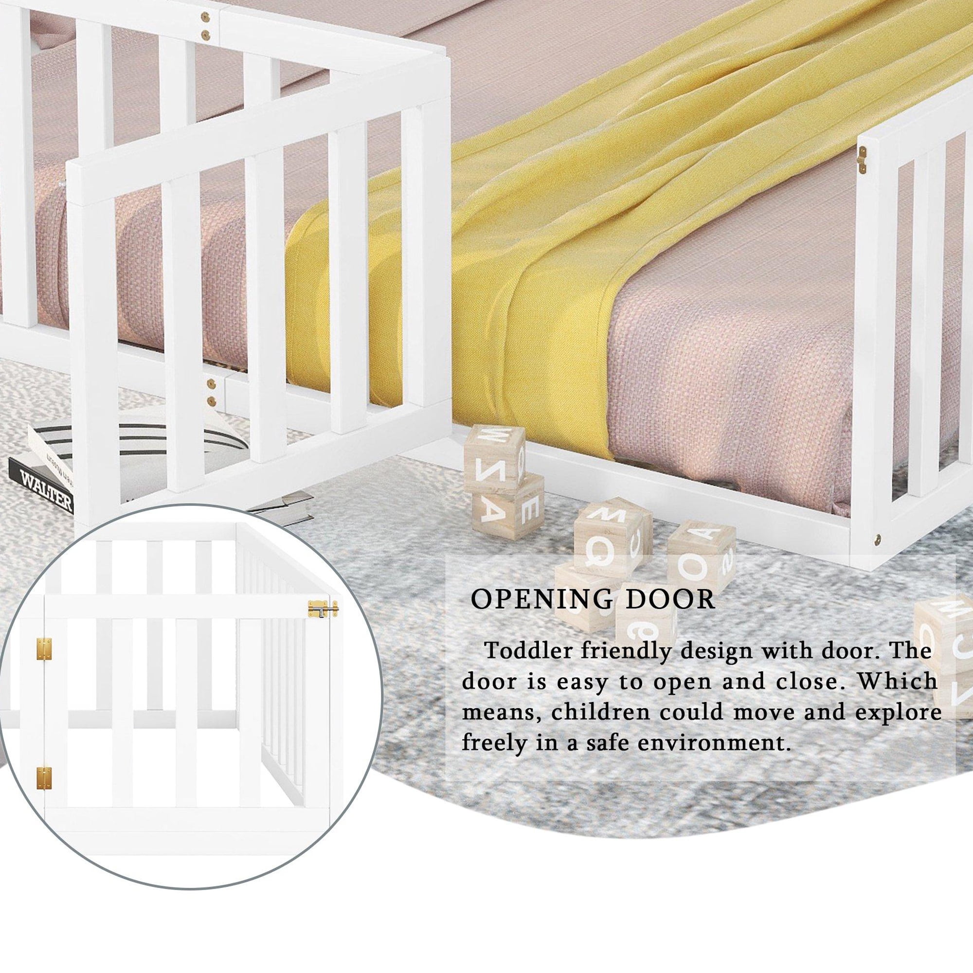 Gewnee Twin Size Montessori Bed for Toddler, Wood Floor Bed Frame with Fence and Door, White