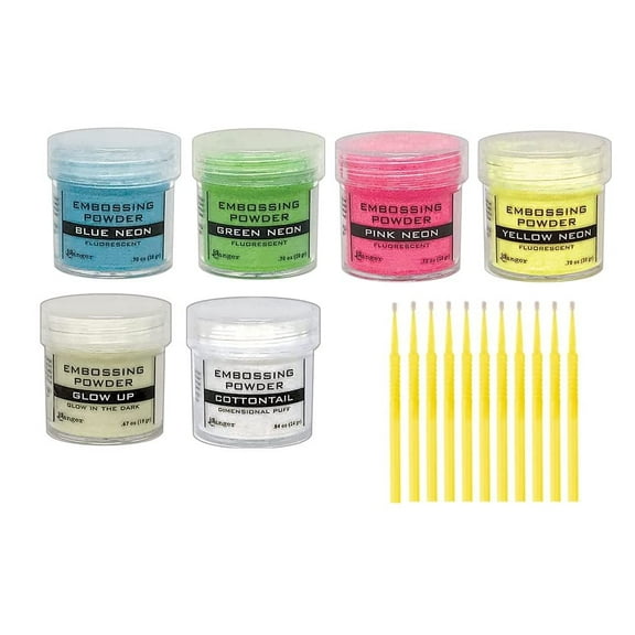 Ranger Neon Embossing Powder Bundle - 4 Fluorescent Colors, Glow Up, Cottontail Dimensional Puff - 1 oz Jars - with Trebbies Detail Sticks