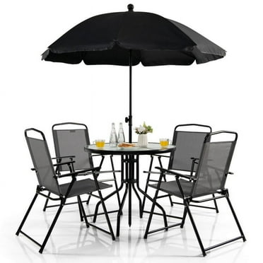 Spaco 6 Pieces Patio Dining Set with Umbrella and Stackable Cushioned Chairs, Outdoor Stackable Dining Chairs for All Weather, Breathable Garden Outdoor Furniture for Backyard Deck