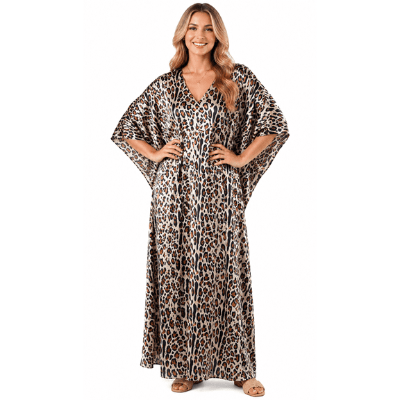 Women's Long Satin Caftan / Kaftan / Muumuu, Tiger Animal Print in Brown, Silky One Maxi Loungewear, Style Caf-65B