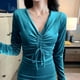 thumbnail image 5 of Laklulu Mini vestido de fiesta sexy de manga larga con cuello en V y fruncido para mujer, azul, XL, 5 of 6