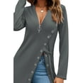 thumbnail image 6 of Women's Sexy Zip Up V Neck Long Sleeve Side Split Asymmetrical Hem Longline Tunic Blouse Top, 6 of 15