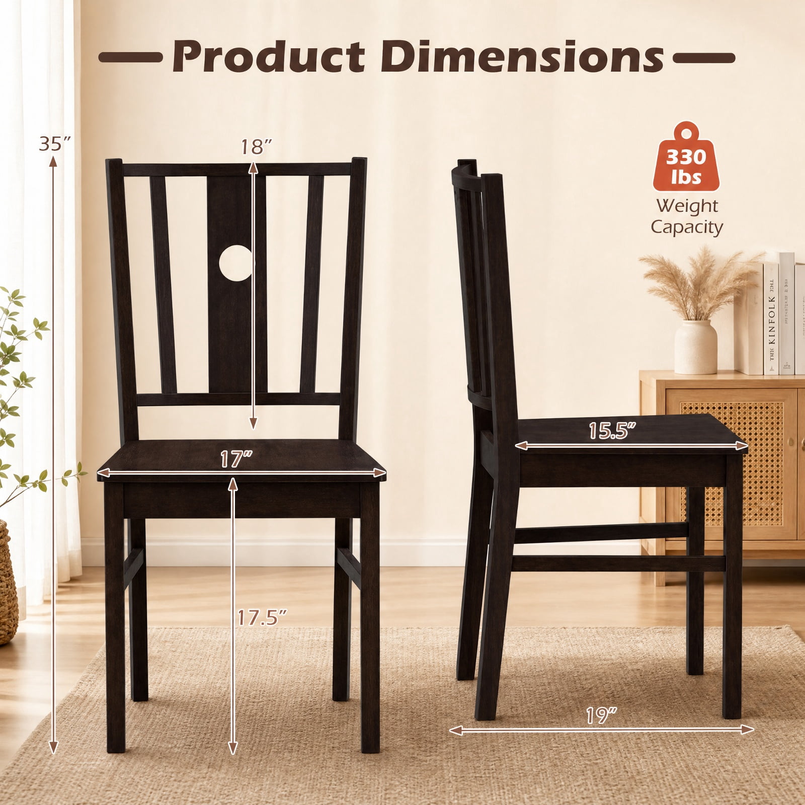 Furnibear Set of 2 Solid Rubber Wood Kitchen Chairs with Slatted Curved Backrest and Wide Seat for Dining Room and Kitchen, Coffee