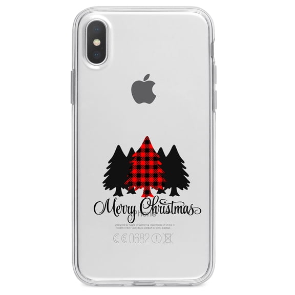 DistinctInk Clear Shockproof Hybrid Case for iPhone XS Max (6.5" Screen) - TPU Bumper Acrylic Back Tempered Glass Screen Protector - Merry Christmas Plaid Tree