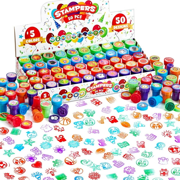 Joyfy 50 Pcs Tampons Auto-Encre Assortis avec 50 Motifs pour 3-14 Ans – Cadeaux de Fête d'Anniversaire, Prix de Carnaval, Tampons Scolaires, Sacs-Surprises, Halloween et Noël