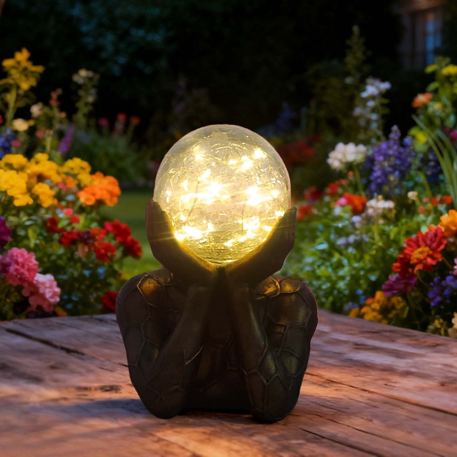 Tusihei Abstract Thinker Statue Solar Light, Resin Bronze Thinker Figurine with Cracked Glass Ball, Yard Art Sculpture Outdoor Garden Decor for Patio, Lawn, Porch, Balcony