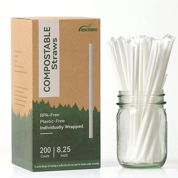 JENCENBIO 200 PCS Individually Wrapped 8” Compostable PLA Straws Compost Disposable Drinking Straw for Party White