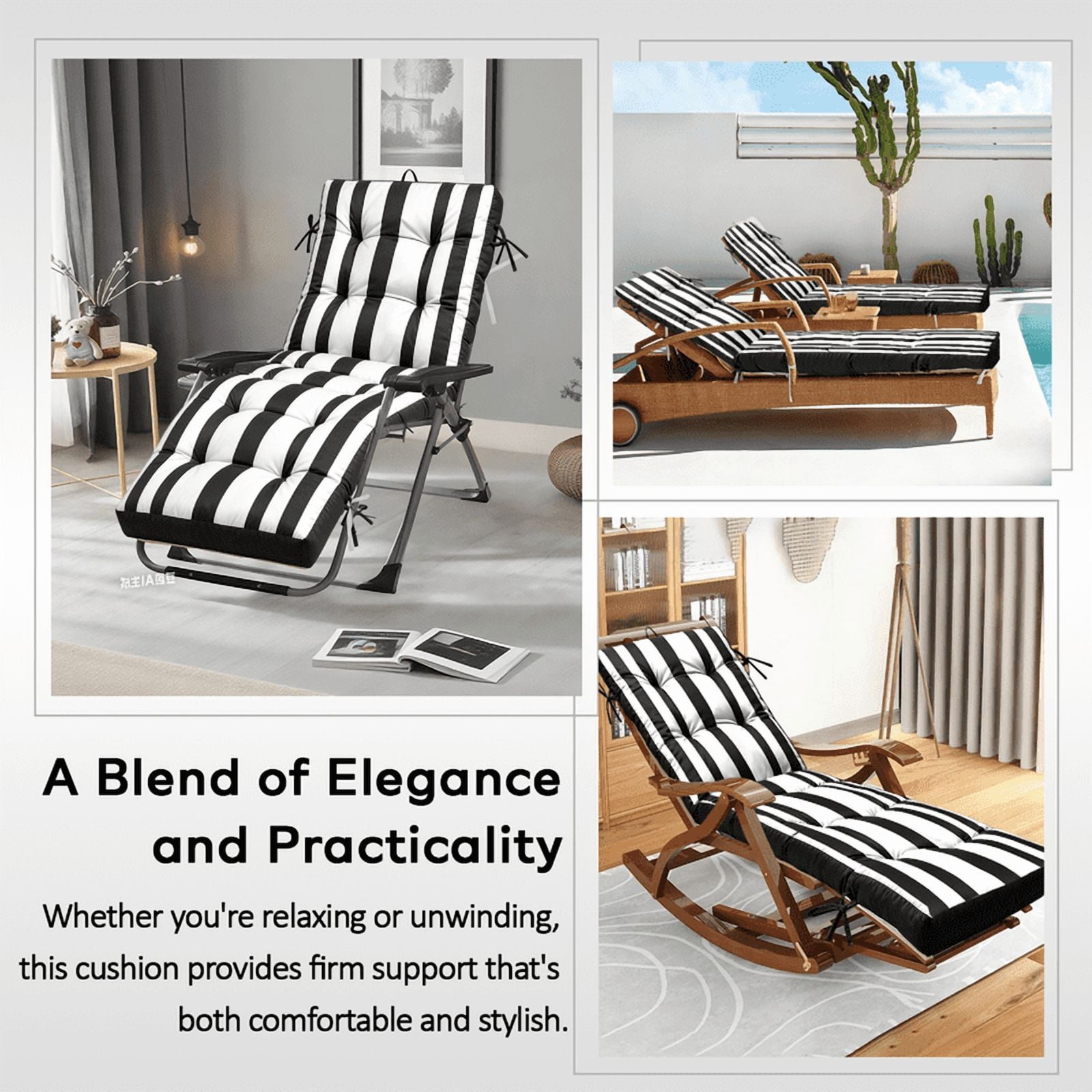 PUKNLY Chaise Lounge Chair Cushion Outdoor, 67*22*4 in Thickened Leisure Lounge Deck Chair Cushion, Waterproof & Fade-Proof Patio Pool Sun Lounger Pad with Straps, Bag, for Pool, Beach, Balcony