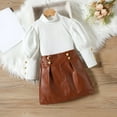 thumbnail image 2 of Zwiiyzr Toddler Baby Girl Skirt Outfit Turtleneck Bubble Long Sleeve Buttons Top + Leather Skirt Trendy Suit Two-Piece Suit for Group 1-6 Years Old Brown, 2 of 5