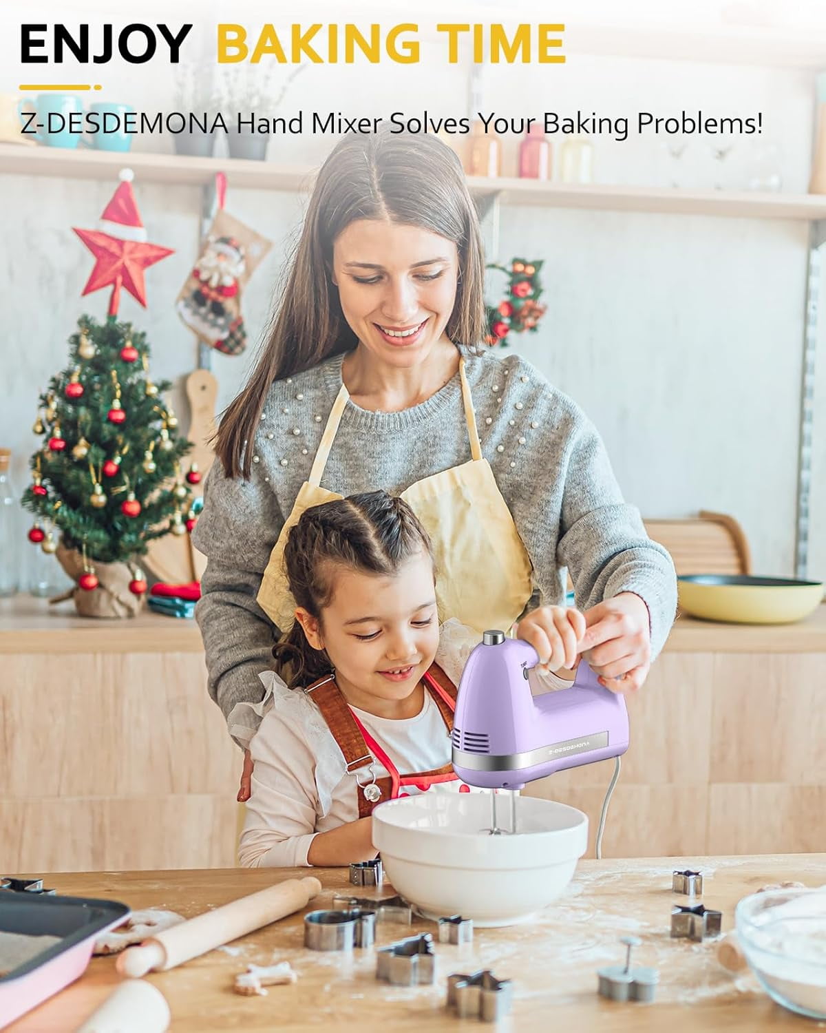 Electric Hand Mixer, Powerful 300W Mixer Handheld with 304 Beaters, Dough Hook,Hand Held Turbo for Baking Cakes, Eggs, Cream Food(Purple)