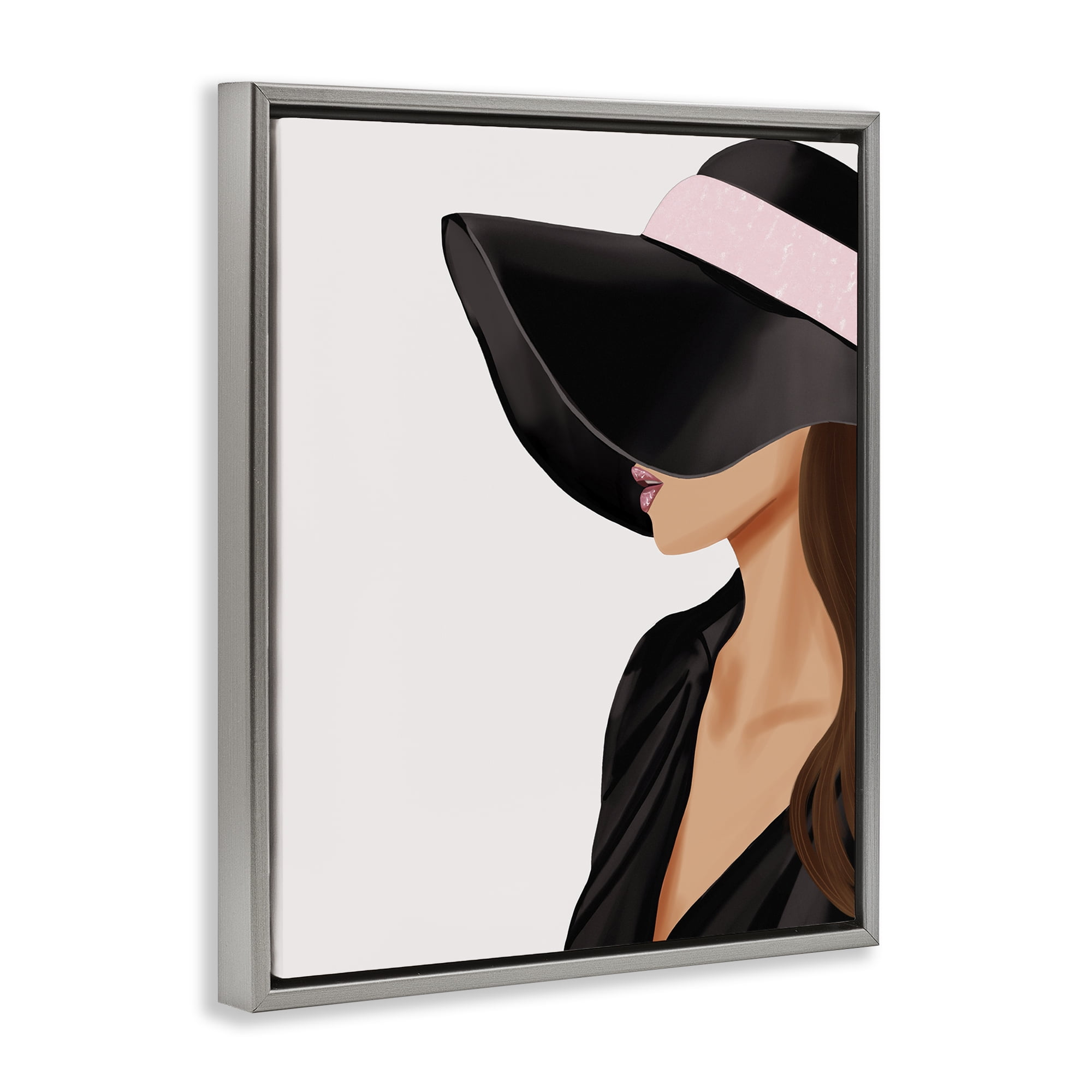 Stupell Industries Shaded Woman Large Hat People Painting Gray Floater Framed Canvas Art Print Wall Art, 25 x 31