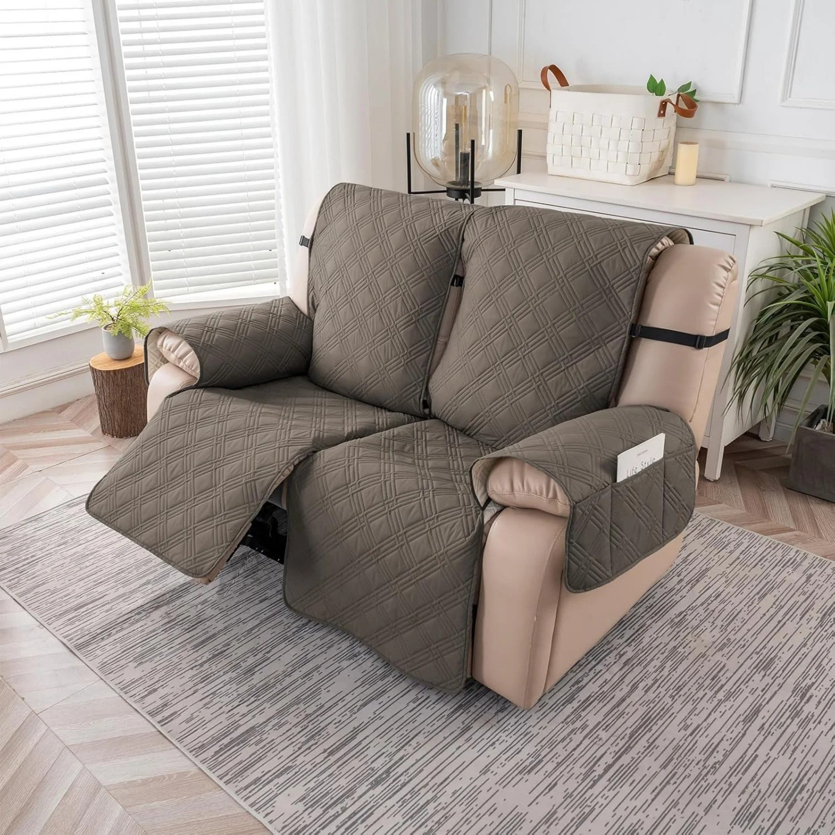 Lavish Cover 100% Waterproof Recliner Loveseat Cover, 2 Pieces Non-Slip Recliner Couch Slipcovers, Washable Furniture Protector with Pockets & Elastic Straps for Kids Pets, 2 Seaters, Gray Brown