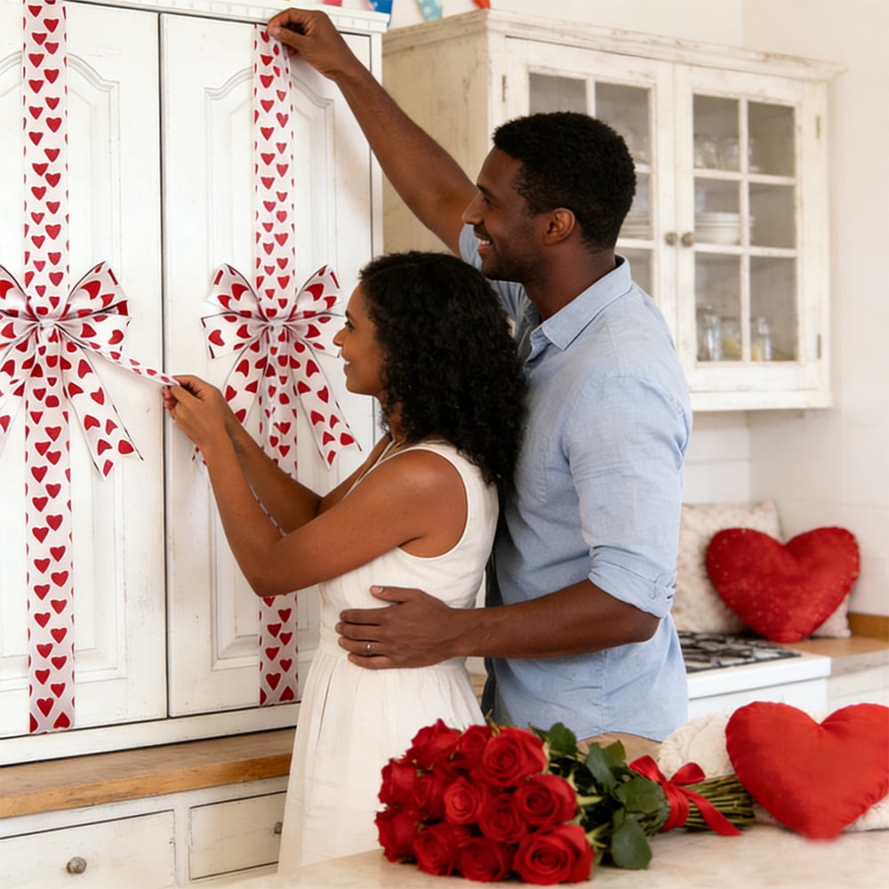 6Pcs Valentines Day Cabinet Ribbon Bows Set Heart Print Fabric Bows for Window & Kitchen Decorations, Party Supplies(Red Love)