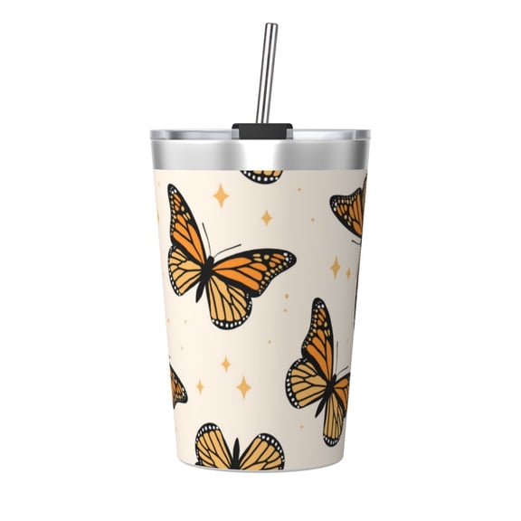 PAYOHTO Monarch Butterflies Insulated Stainless Steel Tumbler 12 oz Thermos Come with Straw Kids Leak-Proof Travel Mug Cup
