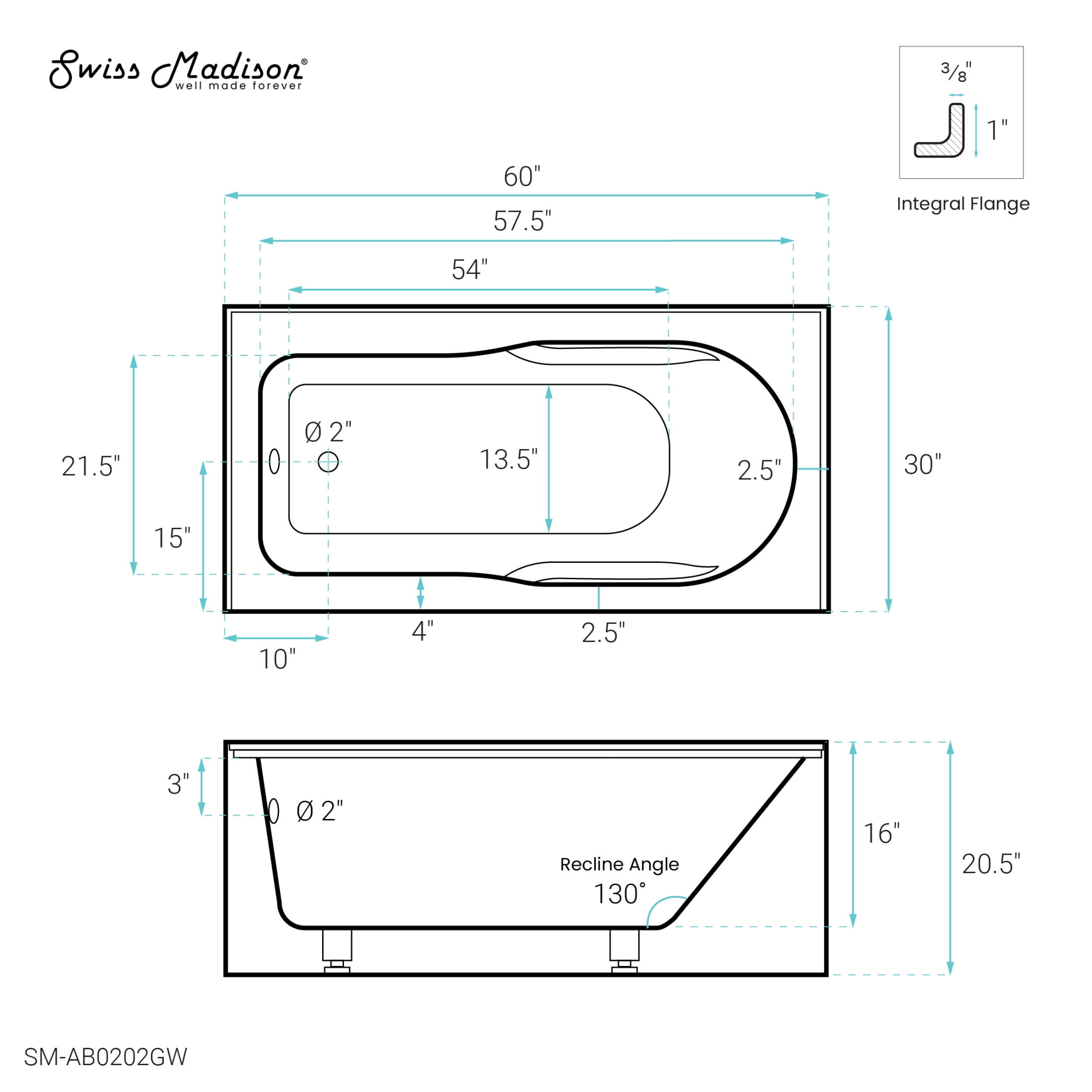 Concorde 60" x 30" Left-Hand Drain Alcove Bathtub with Apron and Armrest
