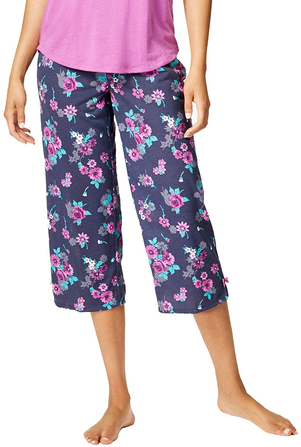 Jenni by Jennifer Moore Womens Printed Cropped Pajama Pants (Falling Floral Navy, Large