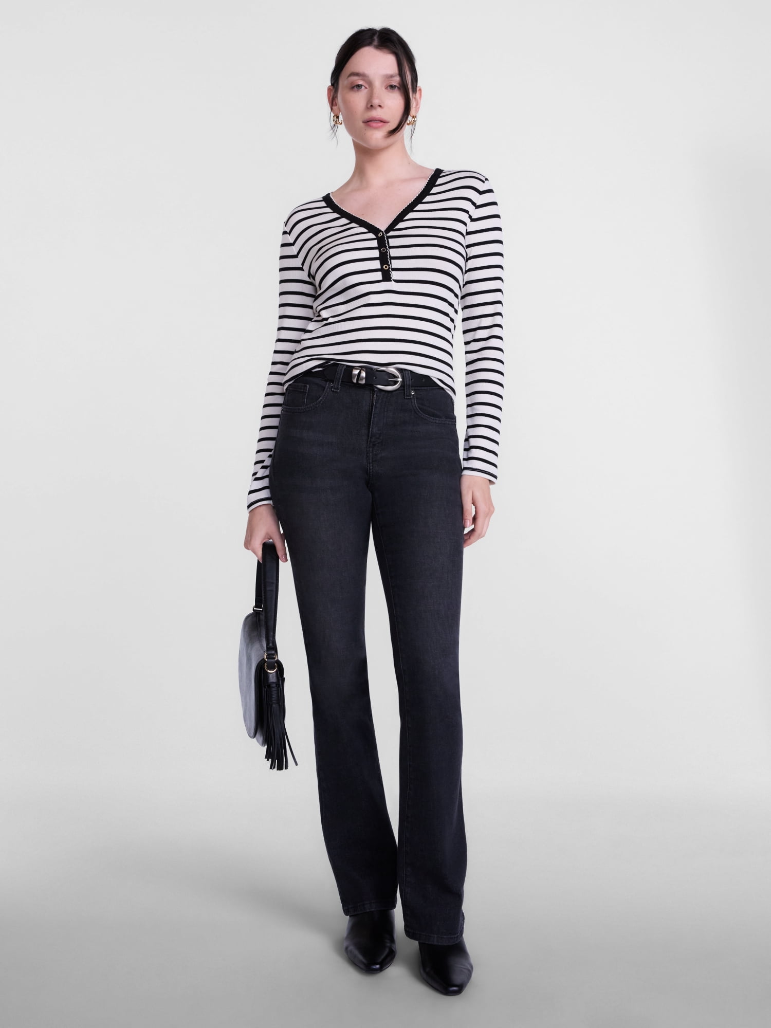 Scenario Women's and Women's Plus Striped Henley Shirt with Long Sleeves, Sizes XS-4X
