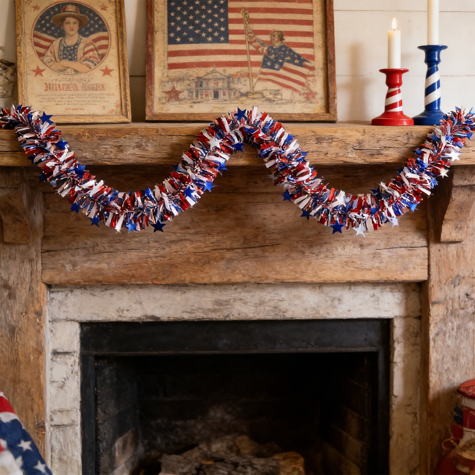 UALSRZL 4th of July Patriotic Garland, 6.56Ft Red White and Blue Glitter Tinsel Ribbon, Plastic Stars Memorial Day Indoor Outdoor Hanging Decor