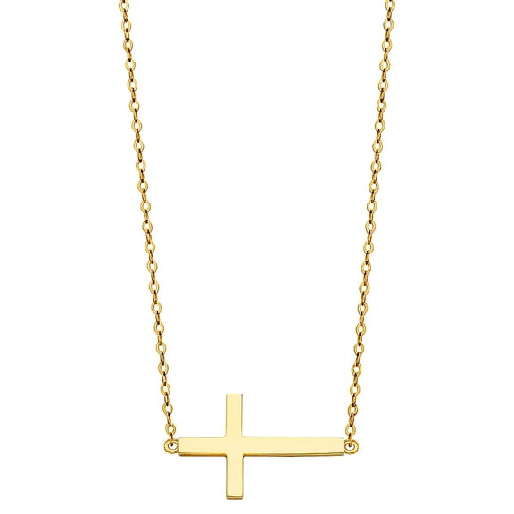 Ioka - 14K Yellow Gold Plain Dainty Side Way Cross Pendant Charm Chain Necklace - 17 1"