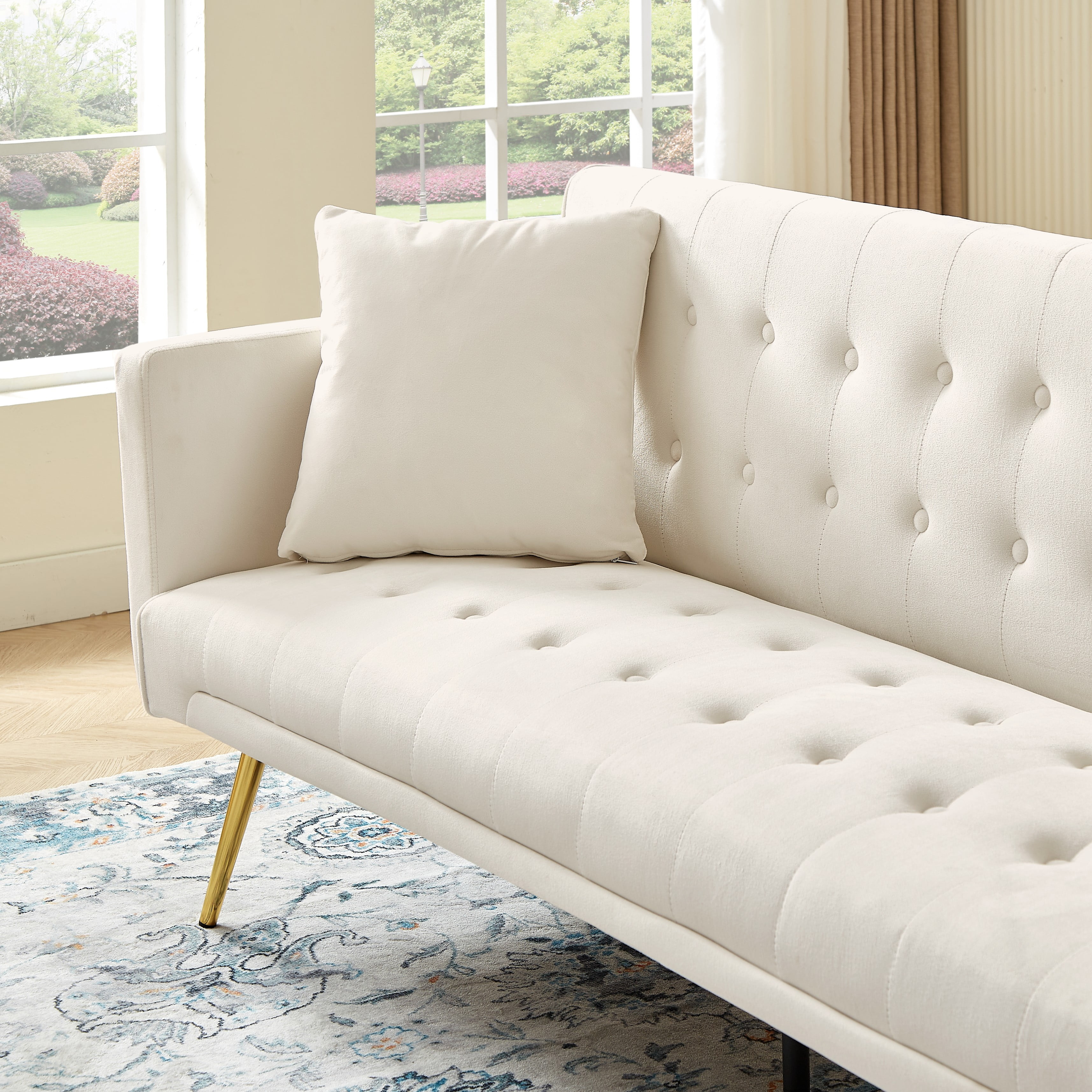 Leumius Velvet Futon Sofa Bed,Adjustable Convertible Folding Sleeper Couch Bed for Compact Living Spaces,Beige