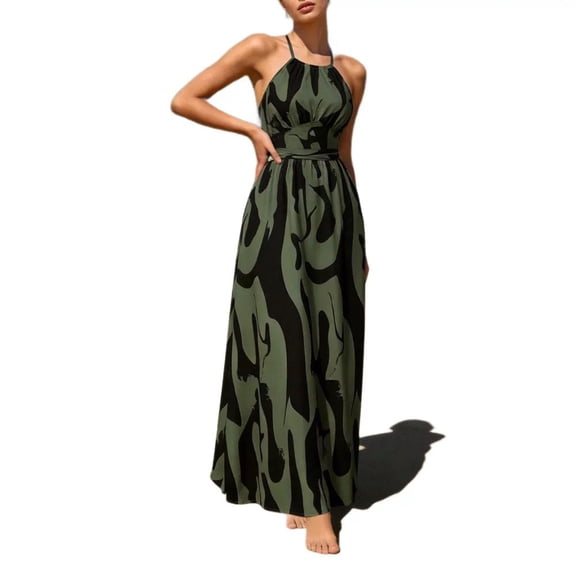 GUACER Maxi Dress for Women Halter Neck Abstract Print Sleeveless Backless Sundress Boho Flowy High Waist Resort Wear Beach Vacation Outfit