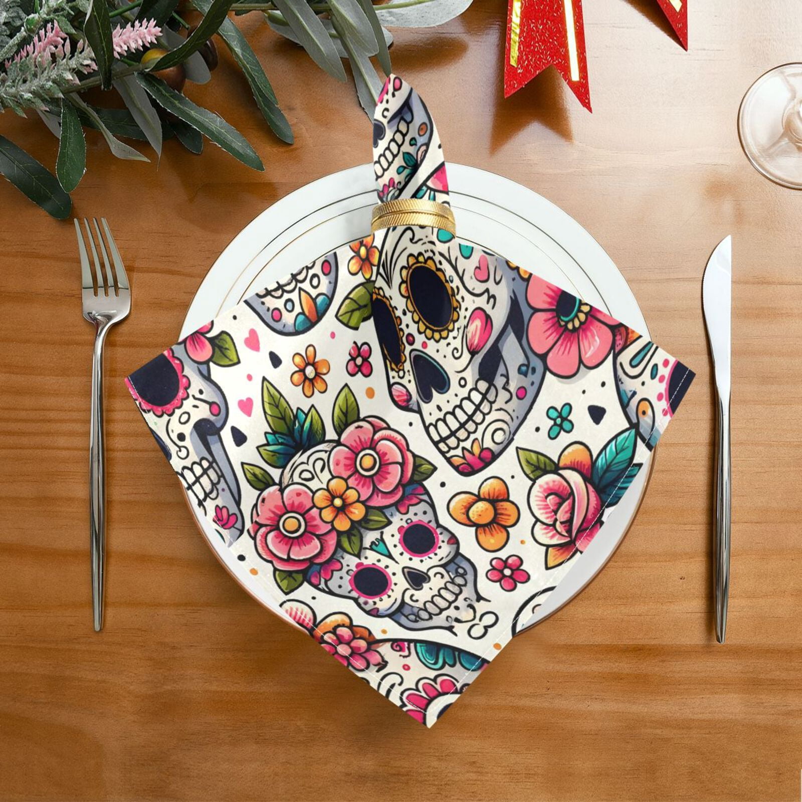 JSTEL Sugar Skull Day Of Dead Flower Cloth Napkins Set of 6, 20x20 Inch Washable and Reusable Napkin for Decoupage Dinner Party Everyday Use