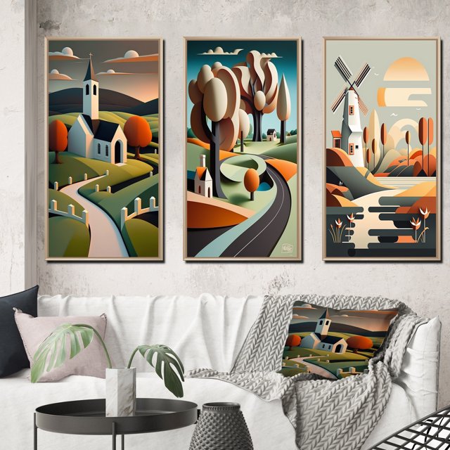 Designart "Little Mountain Road Journey to Rustic White Church" Abstract Landscape Framed Wall Art Set Of 3 - Green Abstract Landscapes Frame Gallery Wall Set For Home Decor