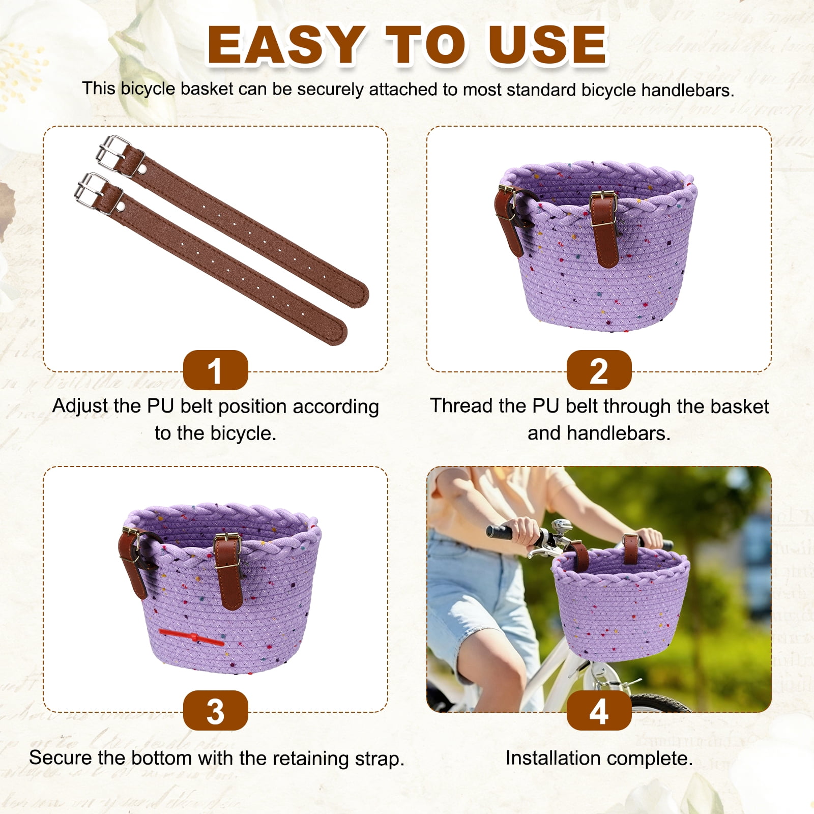 Uxcell Bike Basket, Cotton Rope Bicycle Basket Adjustable Front Baskets with 2 Leather Belt Buckles Unisex Strong Load 8.8 x 6.7 x 6.5" & Purple-Fitting For(Bikes/Tricycle/Scooters)