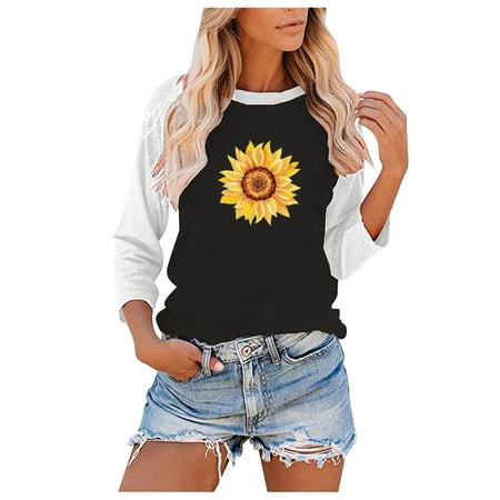 

TZNBGO T Shirts for Women Funny 3/4 Sleeve Women s Crewneck Casual Printed Color Blocking Three- Blouse Three- Top Black M Dressy Tops For Women Half Sleeve Tops For Women Bustier Top249018