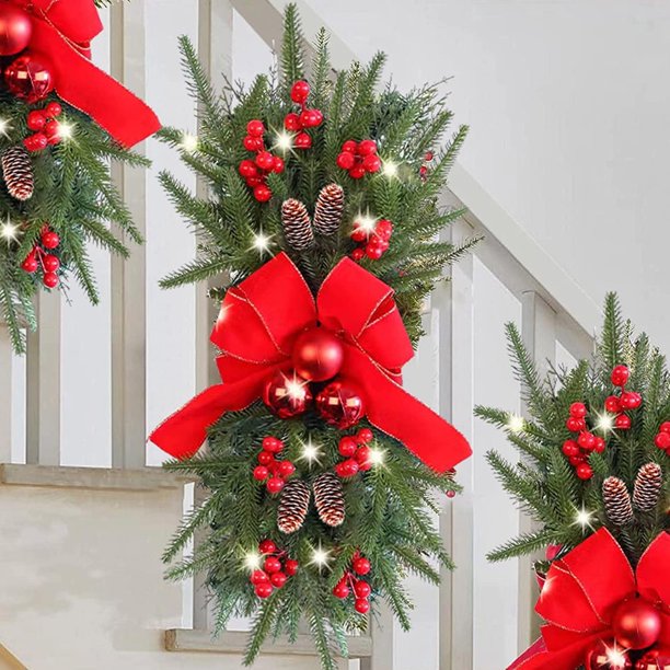 Guirnalda navideña iluminada 2023, adorno de escalera preiluminado inalámbrico, guirnaldas colgantes en forma de lágrima para escaleras, decoración de coronas navideñas para puerta de entrada, pared,