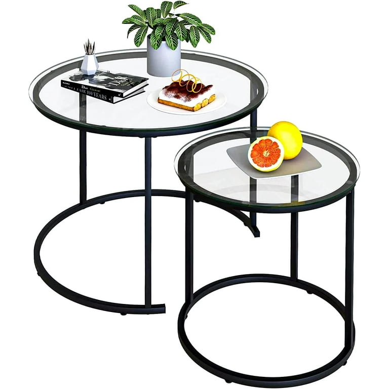 Aboxoo 2-Piece Black Nesting Coffee Table with Glass Top, Metal