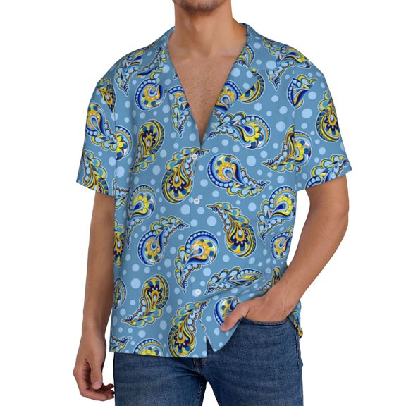 Xecao Blue paisley pattern Men's Casual Short-sleeved Shirt, a button-up collared shirt with a pocket-Small