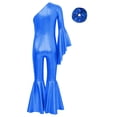 thumbnail image 4 of YONGHS Girls Shiny Metallic One Shoulder Flare Sleeve Wide Leg Bell Bottom Gymnastics Jumpsuit Royal Blue-A 6, 4 of 7