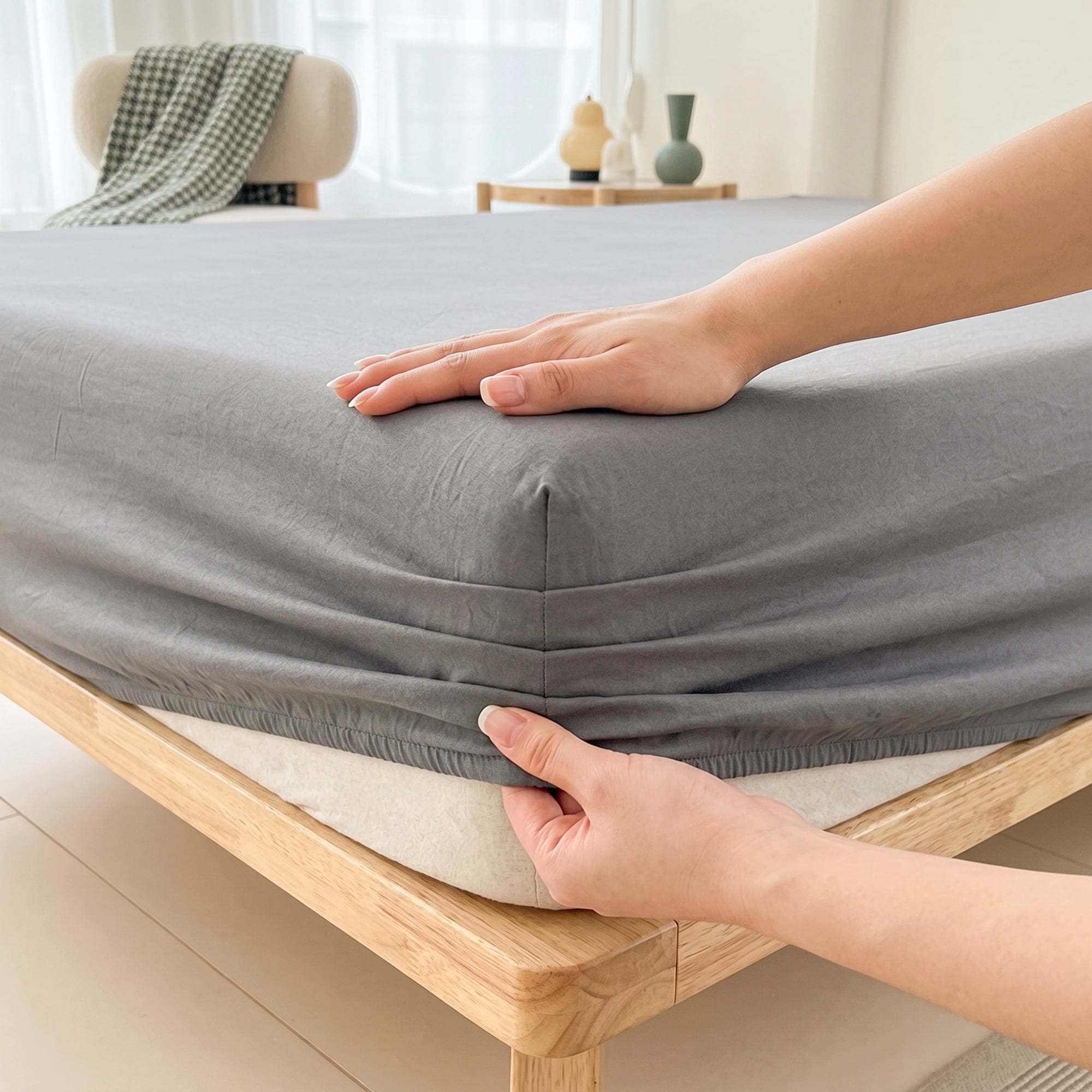 Unique Bargains Fitted Sheet Solid Cotton Bed Sheets Breathable for Sleep Grey 60.2"x79.9"
