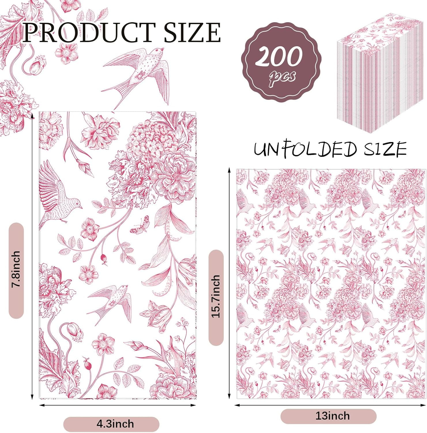 200 Pcs Floral Paper Napkins Disposable Hand Towels for Bathroom Guest Decorative Napkins for Bathroom Shower Toilet Room Holiday Wedding Bridal Tea Party (Pink)
