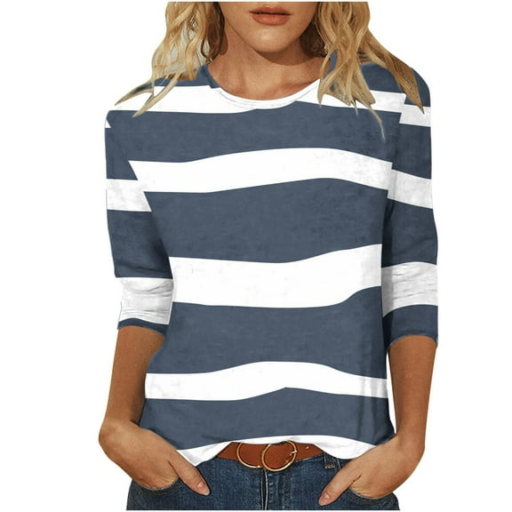 Women Striped Shirts 3/4 Sleeve Blouses Lady Plus Size Tunic Shirt Top Crewneck Pullover Tee Tops