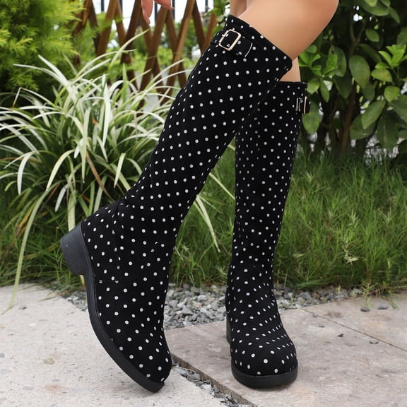 Yeahitch Polka Dot Print Women Boots Knee High Low Heel Women's Boots Round Toe Chunky Heel Warm Comfortable Tall Boots