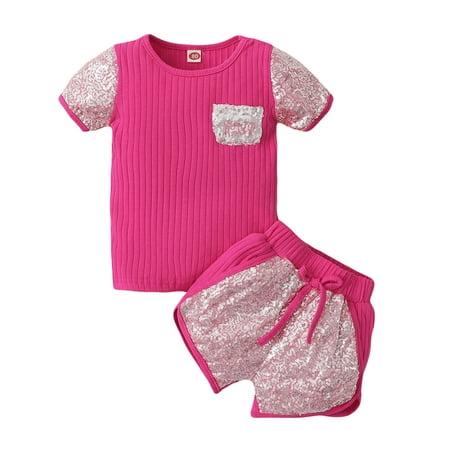 

Fesfesfes Toddler Baby Girls Short Sleeve Paillette Tops+Shorts Sports Outfits